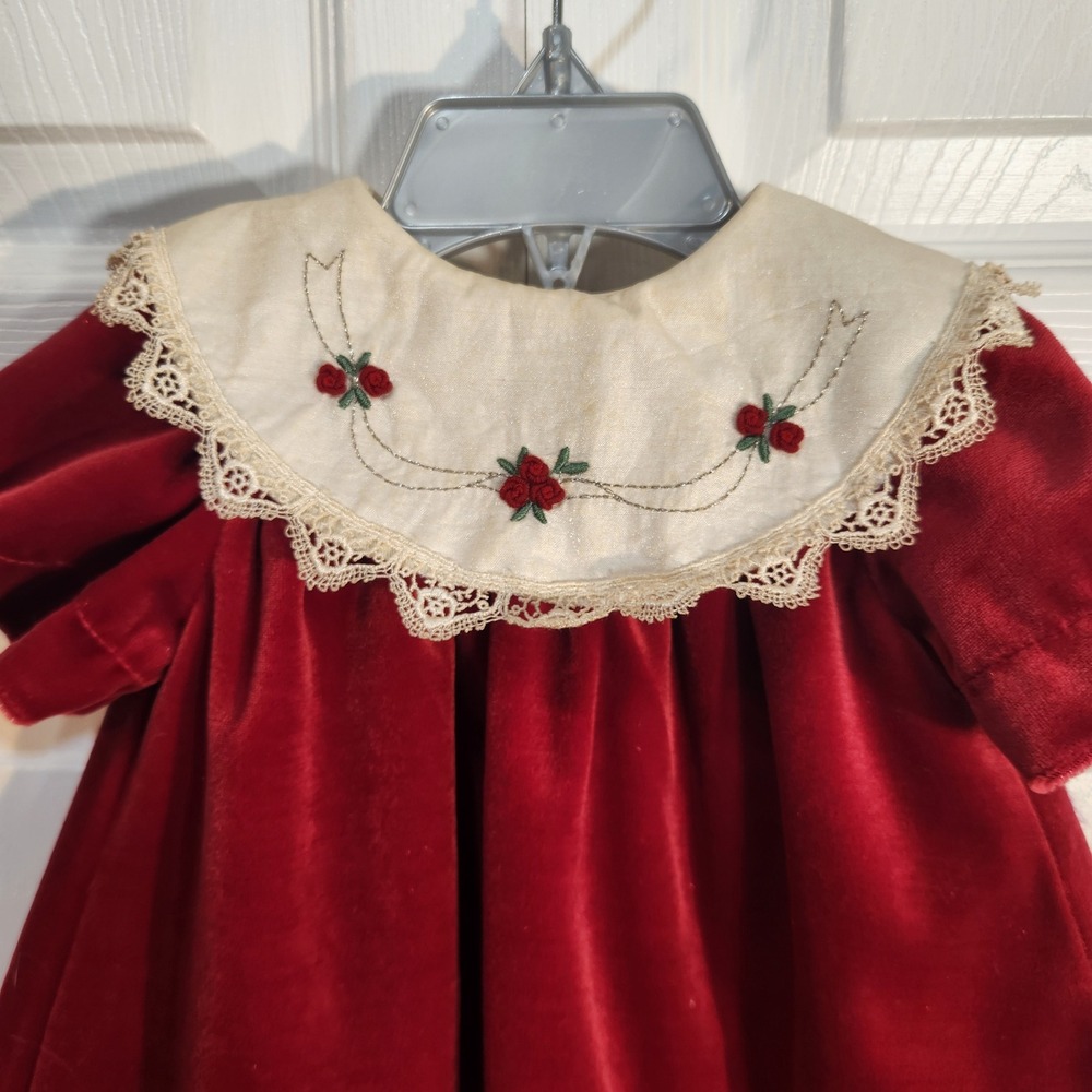 Baby Girl Red Velvet Rose Embroidered Lace Peter Pan Collar Vintage Dress 3M